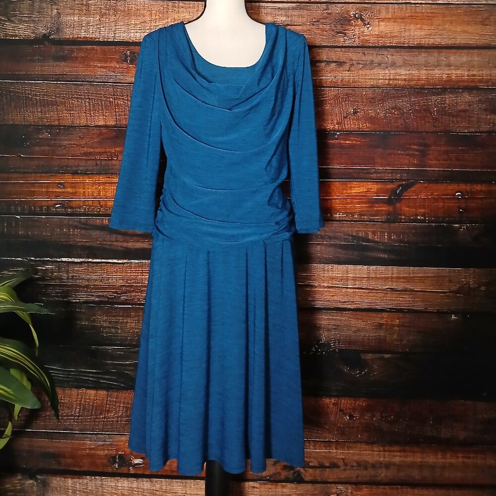 Rabbit Rabbit Rabbit Designs Dress 12 Blue Cowl Neck Ruched 3/4 Sleeve - Picture 2 of 9